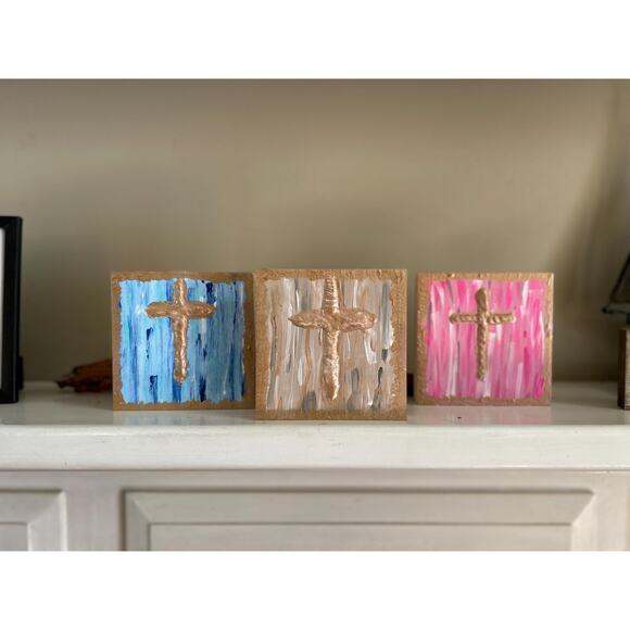 SALE Gold Cross Wood Painting Hand Painted Puffy Wall Art 5 x 5 Block White Blue - Picture 3 of 9